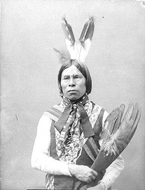 Either babeshikit, a Kickapoo, or Meraparapa (Lance), a Mandan; portrait, half-length, seated, with white paint on forehead and two-feather headdress, 1894. American Indian list--135indians-135a.jpg