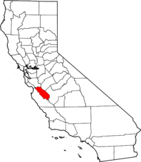 Map of California highlighting San Benito County