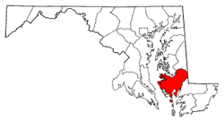 Map of Maryland highlighting Dorchester County.png