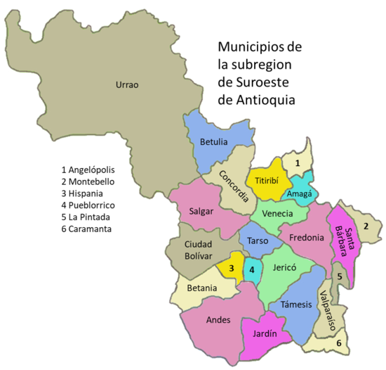 Subregión de Suroeste, Antioquia, Colombia Mapa.png