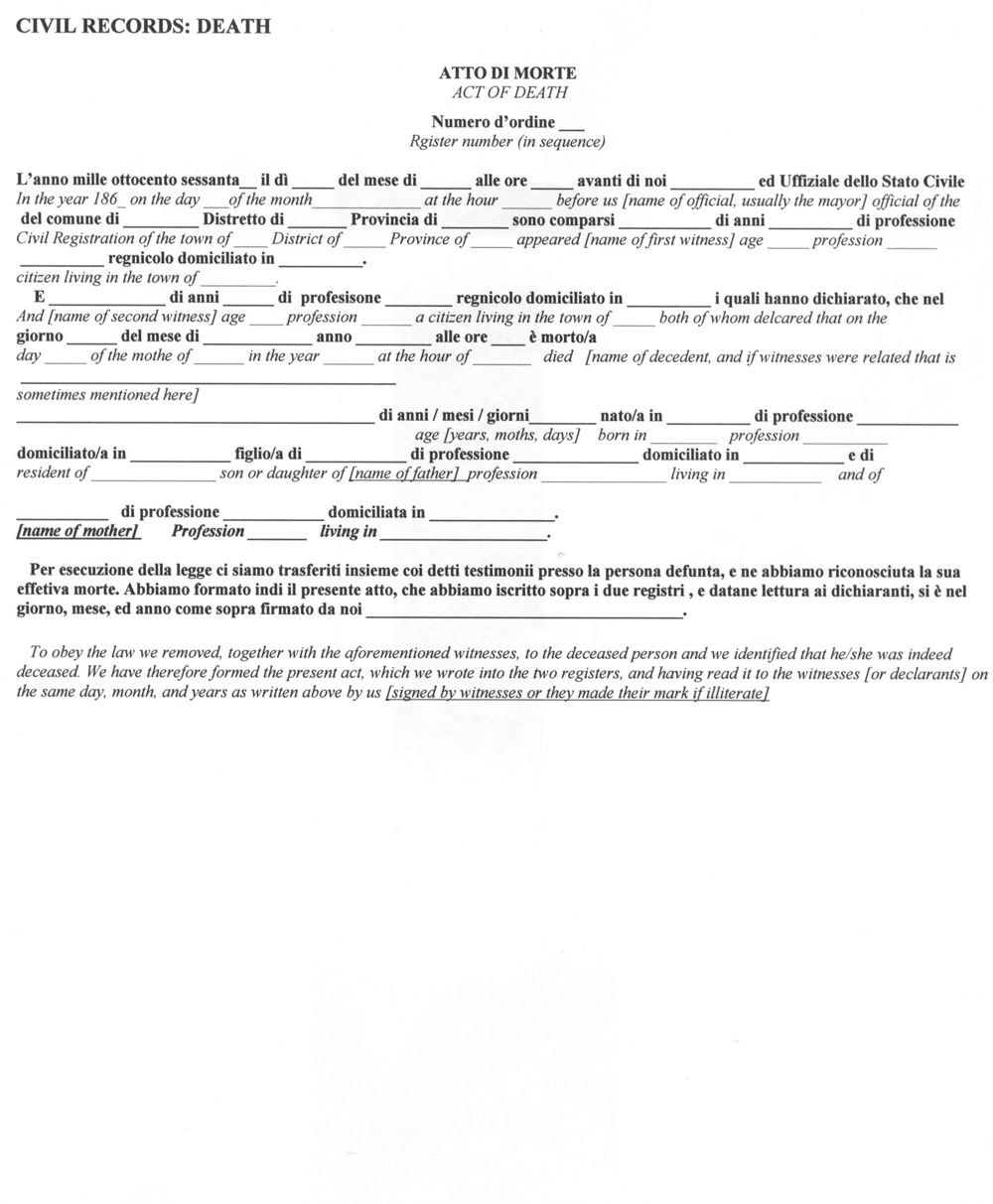 Italian Civil Death Document Translation • FamilySearch Throughout Death Certificate Translation Template